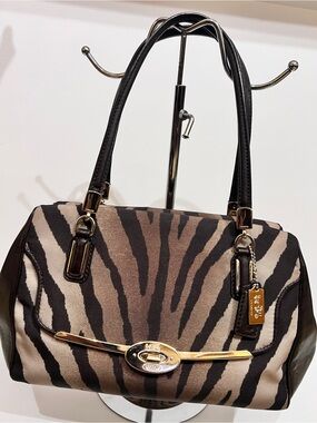Coach Zebra-Print Satchel in Brown, Black and Cream with Gold Hardware.